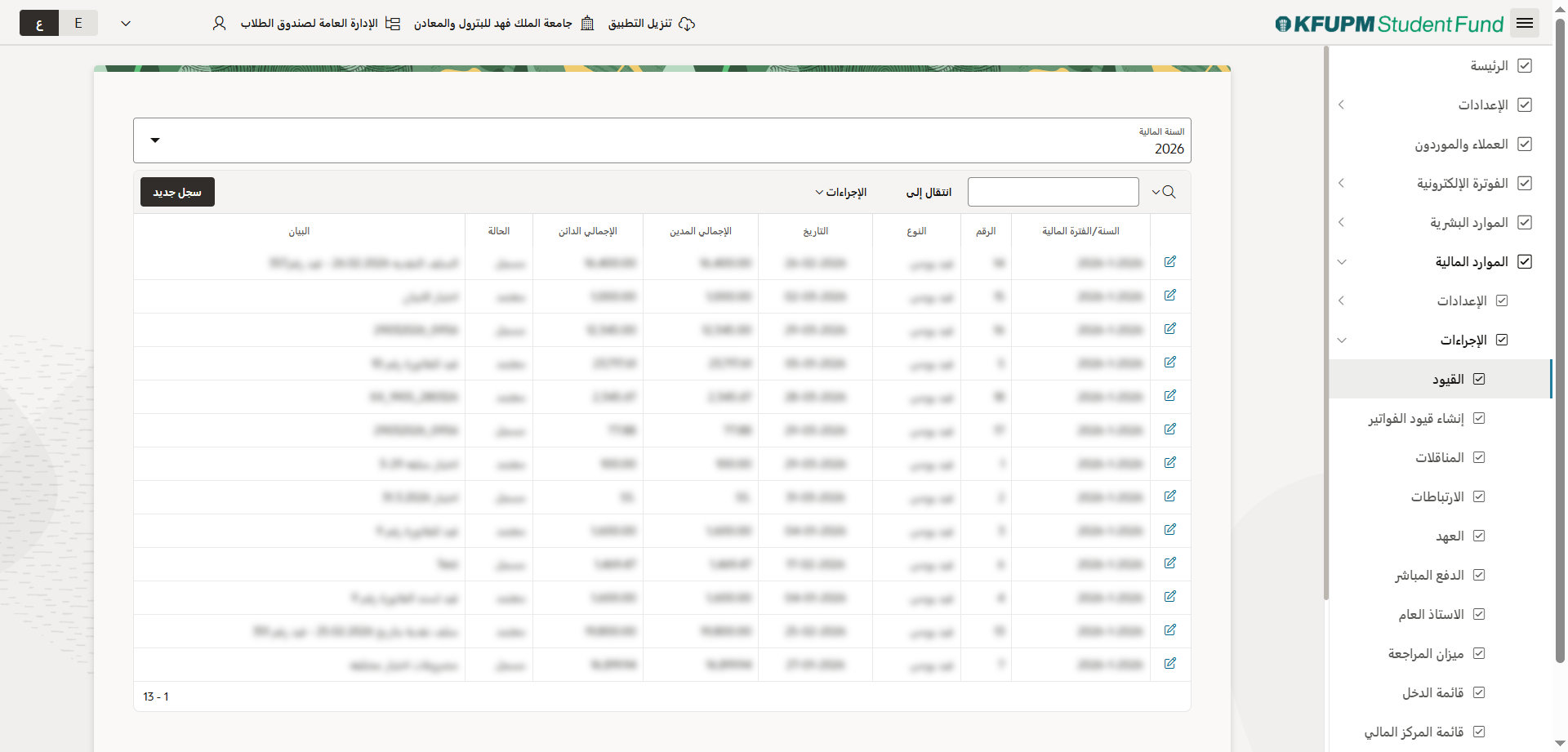 قيود المدفوعات - بيانات القيود المربطة بالسنة